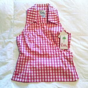 Lilly Pulitzer Pink Gingham Wrap Tie Back Blouse Sleeveless 10 Resort Vacation